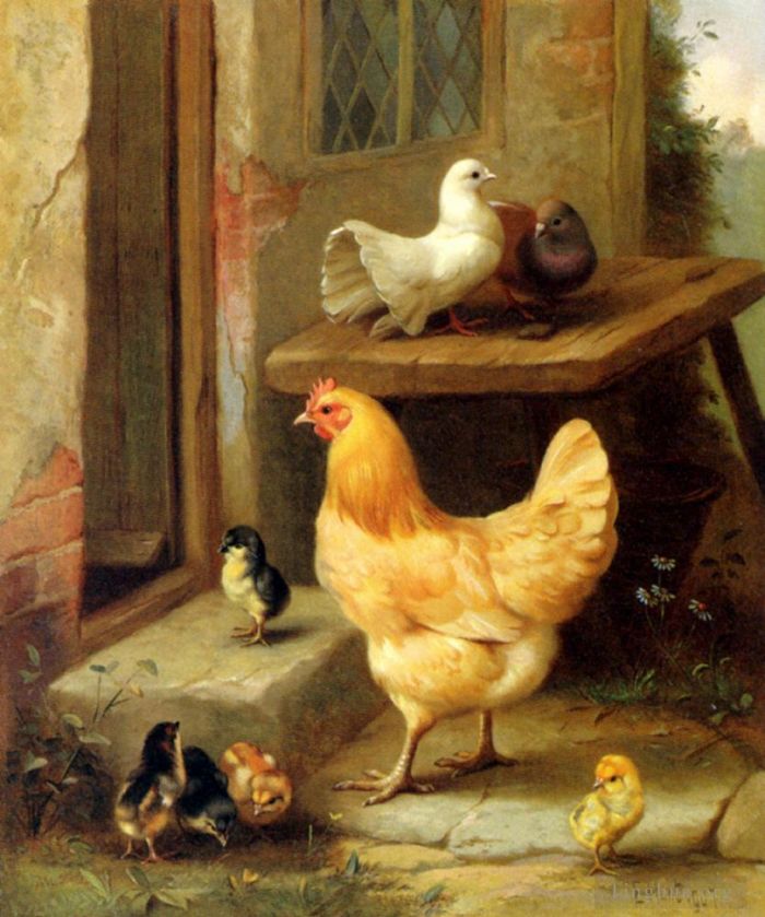 埃德加·亨特 的油画作品 -  《母鸡小鸡和鸽子》