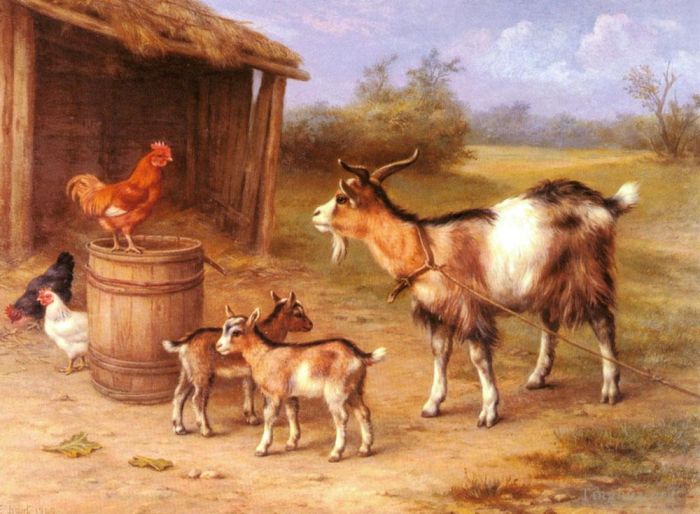 埃德加·亨特 的油画作品 -  《有山羊和鸡的农家场景》