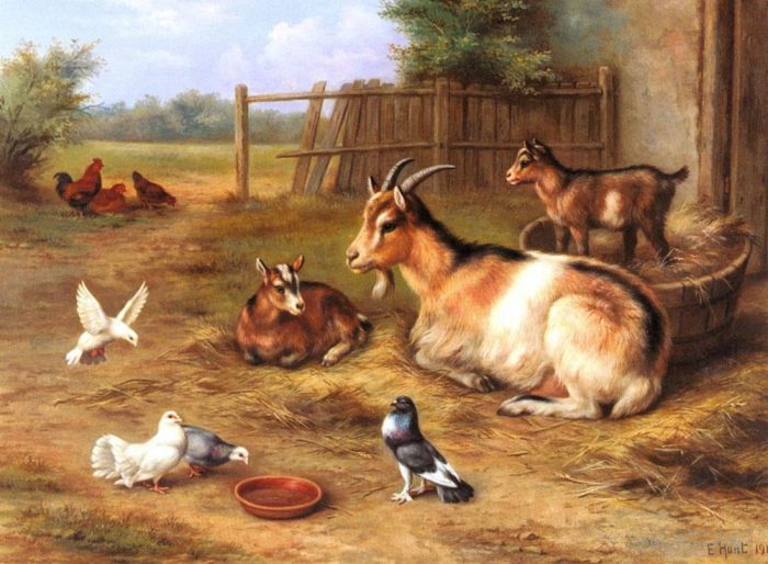 埃德加·亨特 的油画作品 -  《有山羊,鸡,鸽子的农家场景》