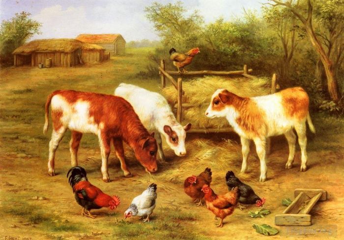 埃德加·亨特 的油画作品 -  《小牛和小鸡在农家院里喂养》
