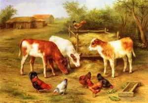 艺术家埃德加·亨特作品《小牛和小鸡在农家院里喂养》