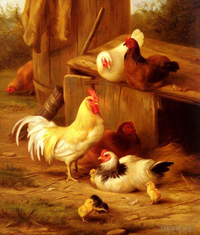 埃德加·亨特 的油画作品 -  《鸡和小鸡》