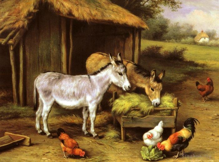埃德加·亨特 的油画作品 -  《鸡和驴在谷仓外喂食》