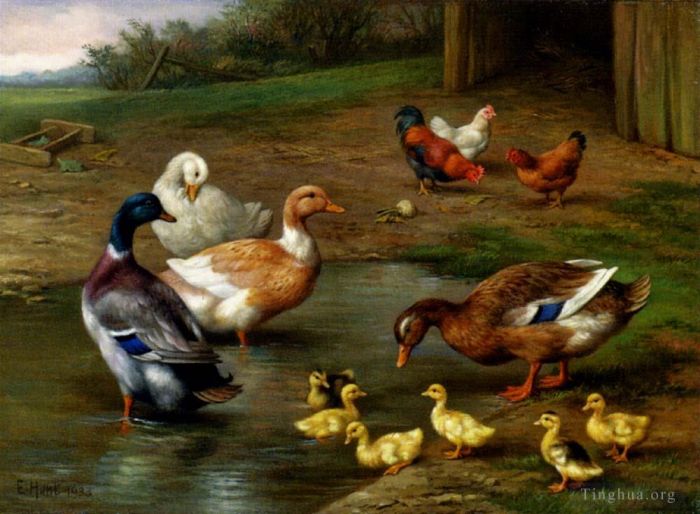 埃德加·亨特 的油画作品 -  《鸡鸭和小鸭划桨》