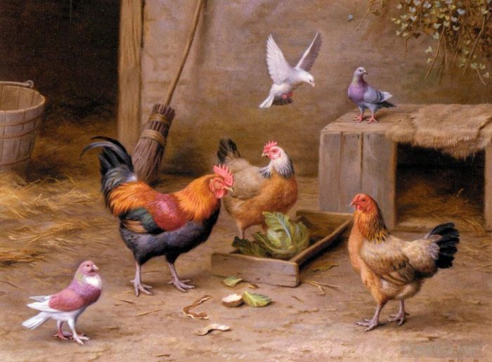 埃德加·亨特 的油画作品 -  《农家院里的鸡》