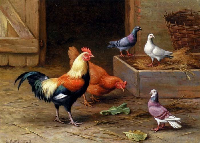 埃德加·亨特 的油画作品 -  《鸡,鸽子和一只鸽子》