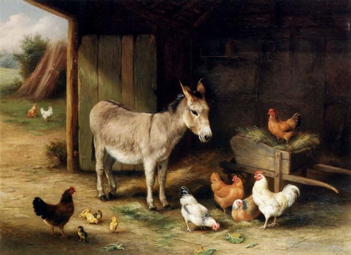 埃德加·亨特 的油画作品 -  《驴母鸡和鸡在谷仓里》