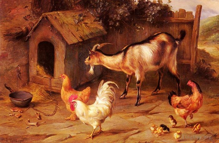 埃德加·亨特 的油画作品 -  《狗舍旁的家禽小鸡和山羊》