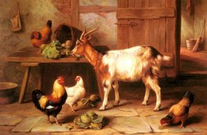 艺术家埃德加·亨特作品《山羊和鸡在小屋内部喂养》