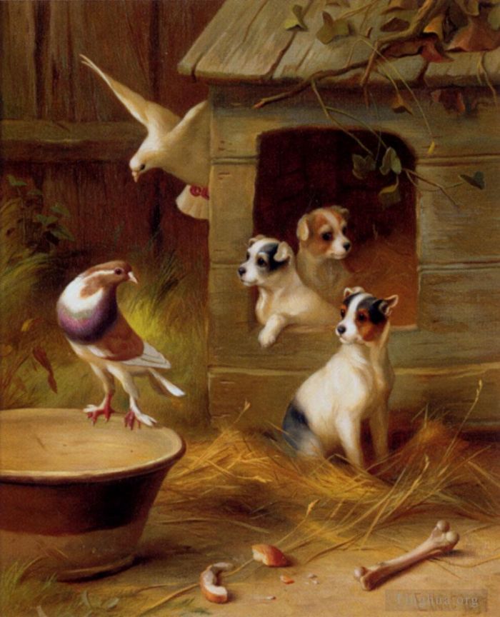 埃德加·亨特 的油画作品 -  《鸽子和小狗》