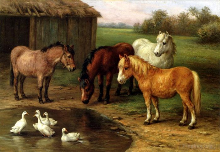 埃德加·亨特 的油画作品 -  《池塘边的小马》