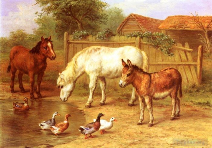 埃德加·亨特 的油画作品 -  《农场里的小马,驴子和鸭子》