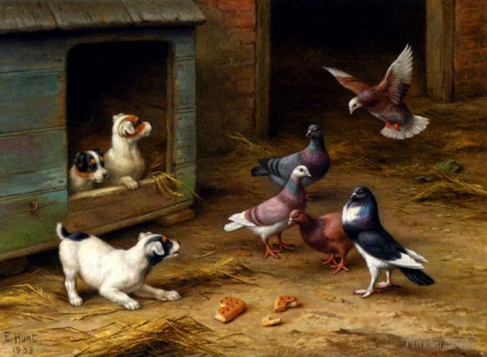 埃德加·亨特 的油画作品 -  《小狗和鸽子在狗舍玩耍》