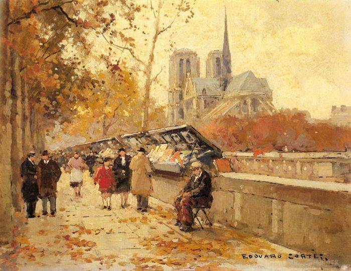 爱德华·科特斯 的油画作品 -  《塞纳河沿岸巴黎圣母院景观的书商》