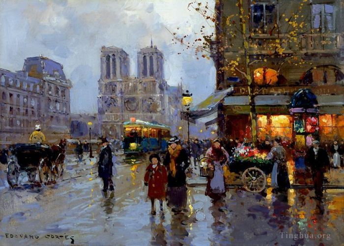 爱德华·科特斯 的油画作品 -  《圣米歇尔广场,巴黎圣母院,1》
