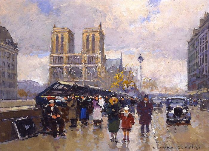 爱德华·科特斯 的油画作品 -  《圣米歇尔广场,巴黎圣母院,3》