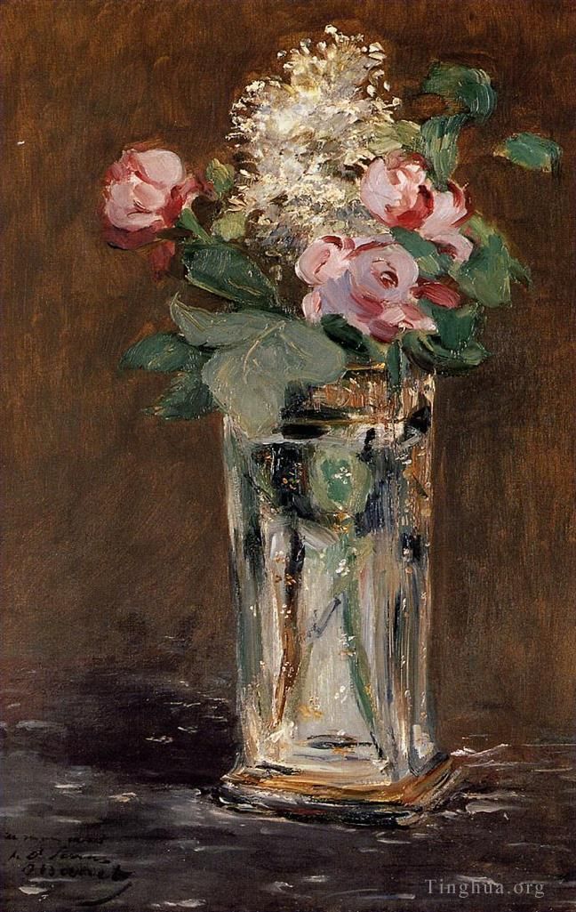 爱德华·马奈 的油画作品 -  《水晶花瓶里的花,花,印象派,爱德华·马奈》