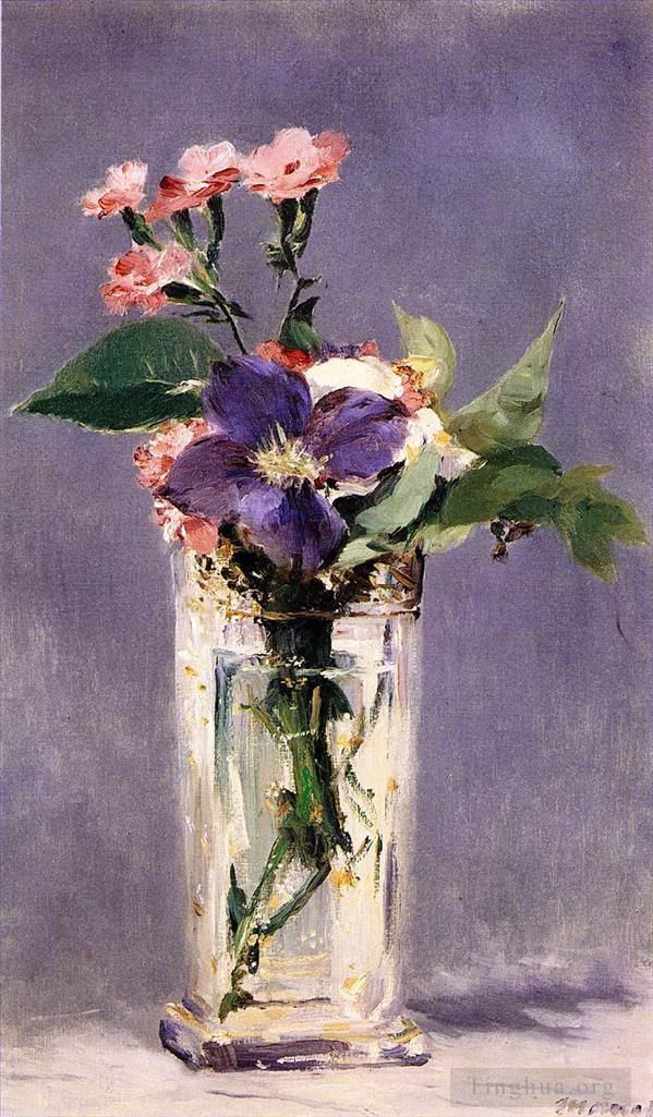 爱德华·马奈 的油画作品 -  《水晶花瓶中的粉红和铁线莲》