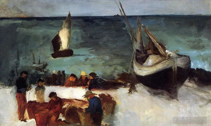 爱德华·马奈 的油画作品 -  《贝尔克渔船和渔民的海景》