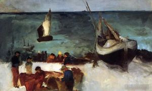 艺术家爱德华·马奈作品《贝尔克渔船和渔民的海景》