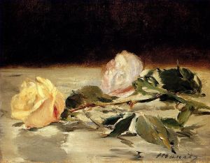 艺术家爱德华·马奈作品《桌布上的两朵玫瑰》
