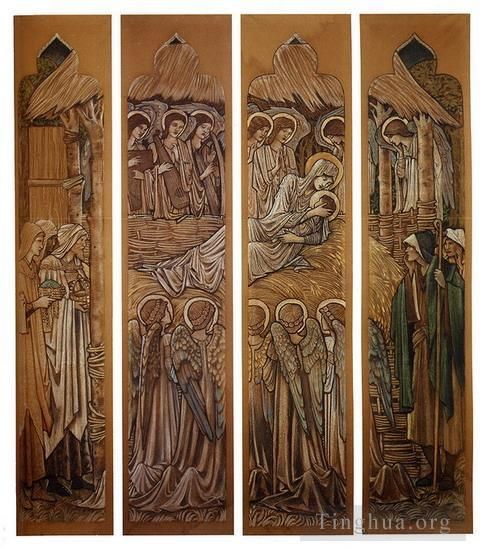 爱德华·伯恩·琼斯 的各类绘画作品 -  《圣大卫教堂哈沃登彩色玻璃的耶稣诞生卡通》