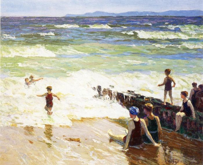 爱德华·亨利·波特哈斯特 的油画作品 -  《岸边的沐浴者》