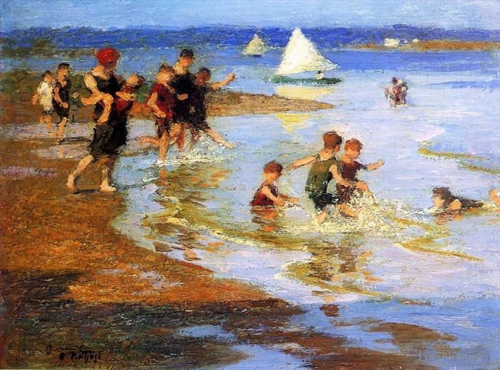 爱德华·亨利·波特哈斯特 的油画作品 -  《孩子们在海滩上玩耍》