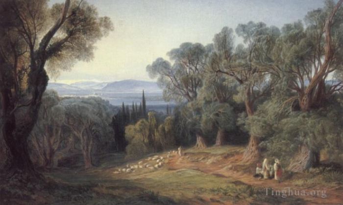 爱德华·李尔 的油画作品 -  《科孚岛和阿尔巴尼亚山脉,2》
