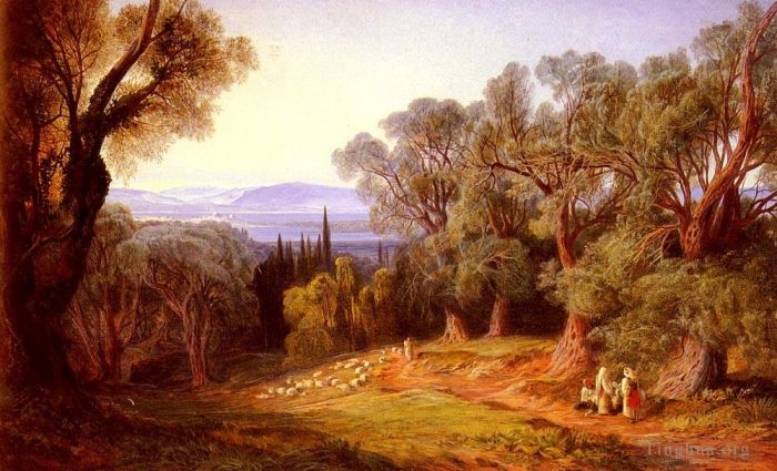 爱德华·李尔 的油画作品 -  《科孚岛和阿尔巴尼亚山脉》