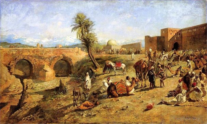 埃德温·洛尔·威克斯 的油画作品 -  《车队抵达摩洛哥城外》