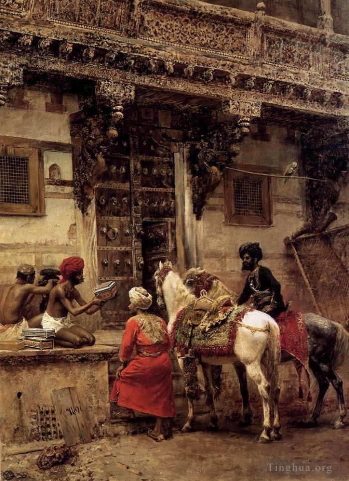 埃德温·洛尔·威克斯 的油画作品 -  《艾哈迈达巴德柚木建筑旁卖箱子的工匠》