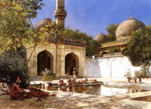 艺术家埃德温·洛尔·威克斯作品《清真寺庭院中的人物》