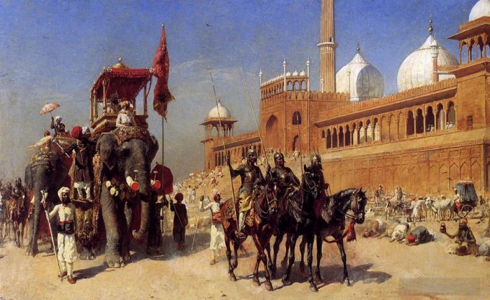 埃德温·洛尔·威克斯 的油画作品 -  《大亨和他的宫廷从印度德里大清真寺返回埃德温·洛德·威克斯》