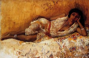 艺术家埃德温·洛尔·威克斯作品《躺在沙发上的摩尔女孩》