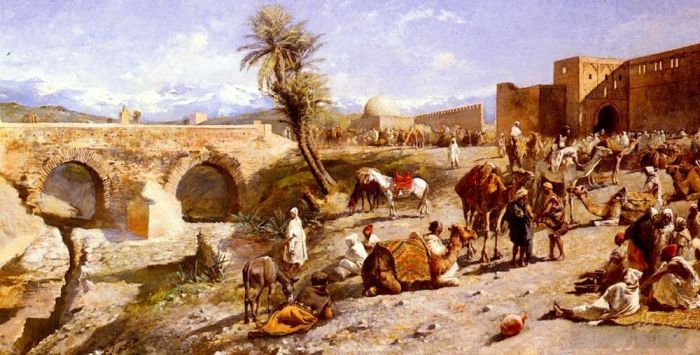 埃德温·洛尔·威克斯 的油画作品 -  《一支商队抵达马拉喀什郊外》