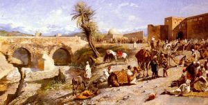 艺术家埃德温·洛尔·威克斯作品《一支商队抵达马拉喀什郊外》