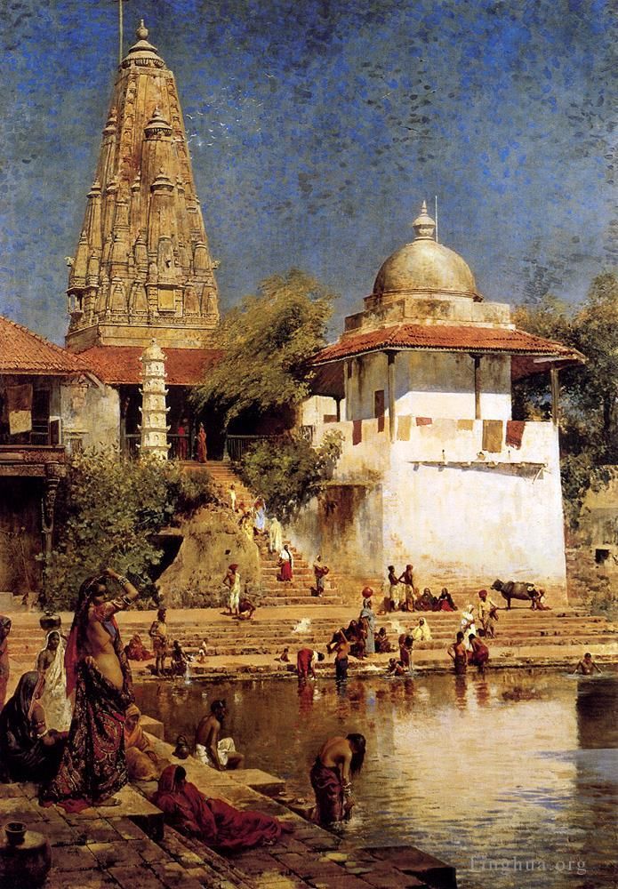 埃德温·洛尔·威克斯 的油画作品 -  《孟买,Walkeshwar,的寺庙和坦克》