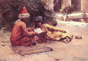 艺术家埃德温·洛尔·威克斯作品《两个阿拉伯人在院子里读书》