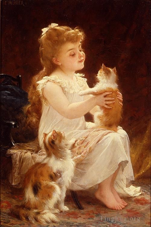 埃米尔·穆尼尔 的油画作品 -  《和小猫一起玩》
