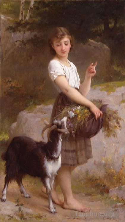 埃米尔·穆尼尔 的油画作品 -  《有山羊和花的年轻女孩》