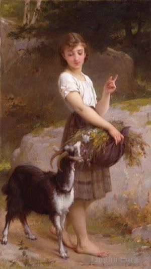 艺术家埃米尔·穆尼尔作品《有山羊和花的年轻女孩》