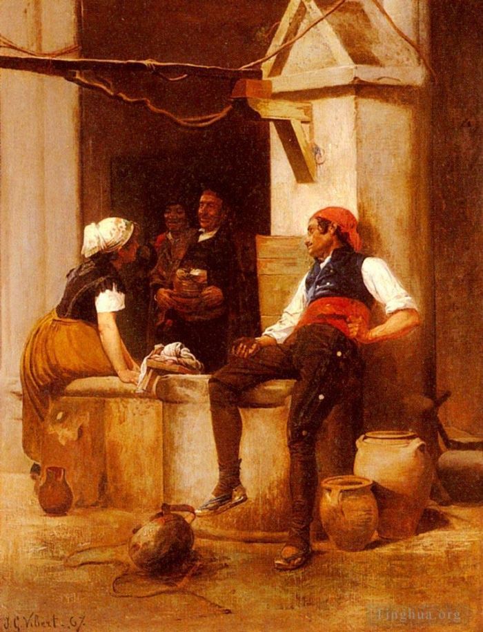埃米尔·弗农 的油画作品 -  《维伯特·让·乔治,(Vibert,Jean,Georges),在喷泉边的对话》