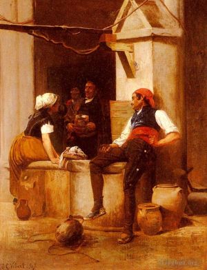 艺术家埃米尔·弗农作品《维伯特·让·乔治,(Vibert,Jean,Georges),在喷泉边的对话》