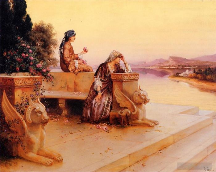 鲁道夫·恩斯特 的油画作品 -  《日落露台上优雅的阿拉伯女士》