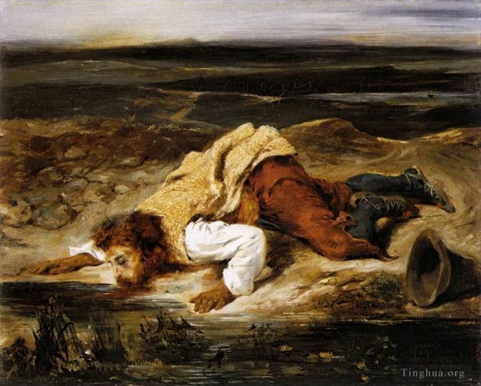 欧仁·德拉克罗瓦 的油画作品 -  《受重伤的强盗止渴》