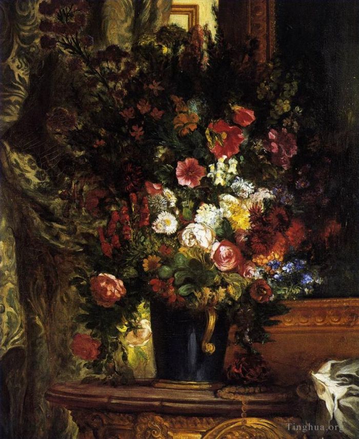 欧仁·德拉克罗瓦 的油画作品 -  《控制台上的一瓶花》