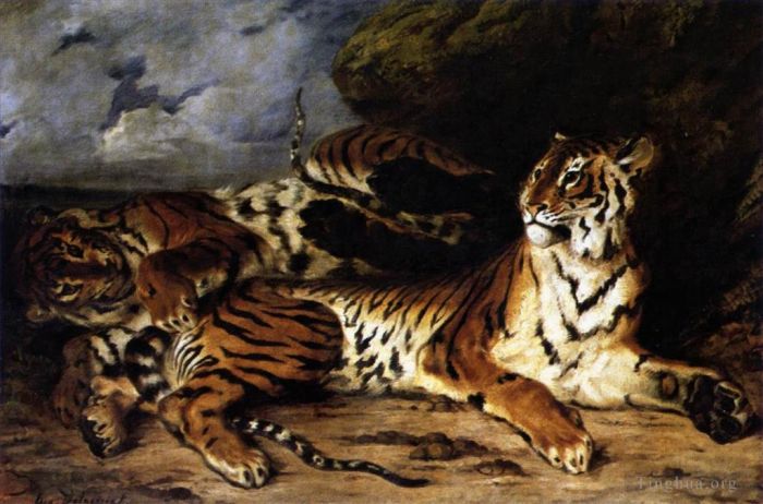 欧仁·德拉克罗瓦 的油画作品 -  《一只小老虎和它的妈妈一起玩耍》