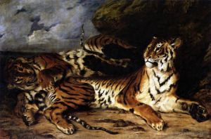 艺术家欧仁·德拉克罗瓦作品《一只小老虎和它的妈妈一起玩耍》