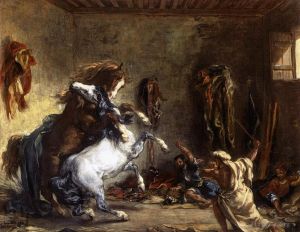 艺术家欧仁·德拉克罗瓦作品《阿拉伯马在马厩里打斗》